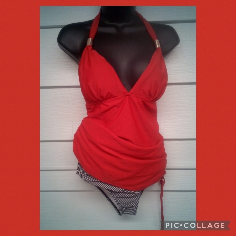 Red top black and white bottom two-piece swimsuit. 11